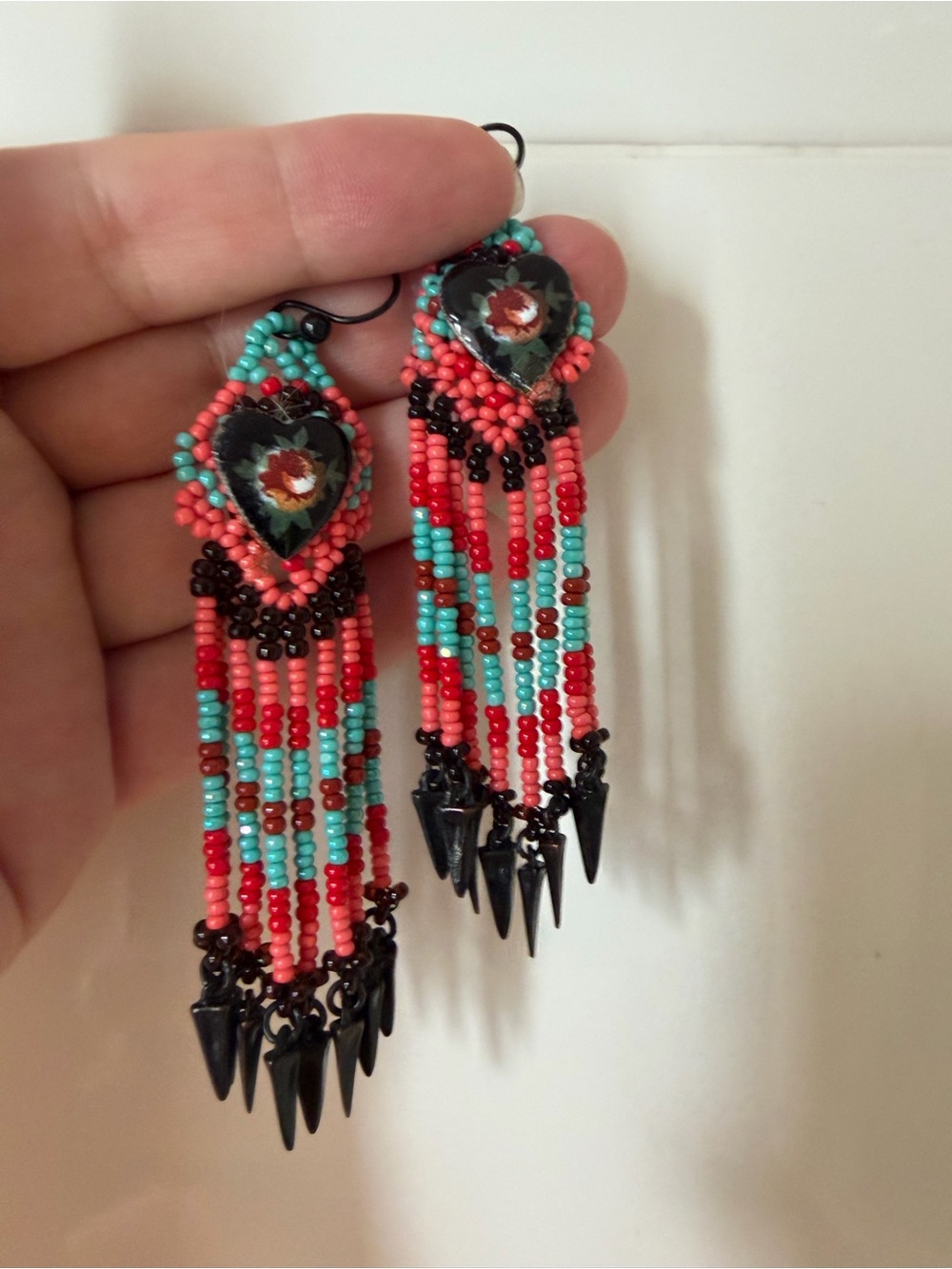 Handmade Red & Turquoise Beaded Fringe Earrings - GAS